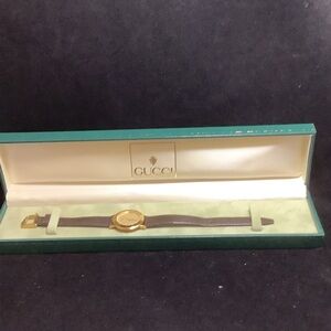 Gucci Gold-Tone Watch with Brown Leather Strap